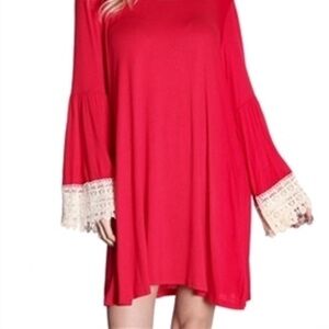By Together Red Crochet Raglan Bell Sleeve Scoop Neck Tunic Top M